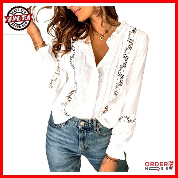 Tops - Floral Lace Long Sleeve Blouse with Ruffles, Button Down, Dressy Casual